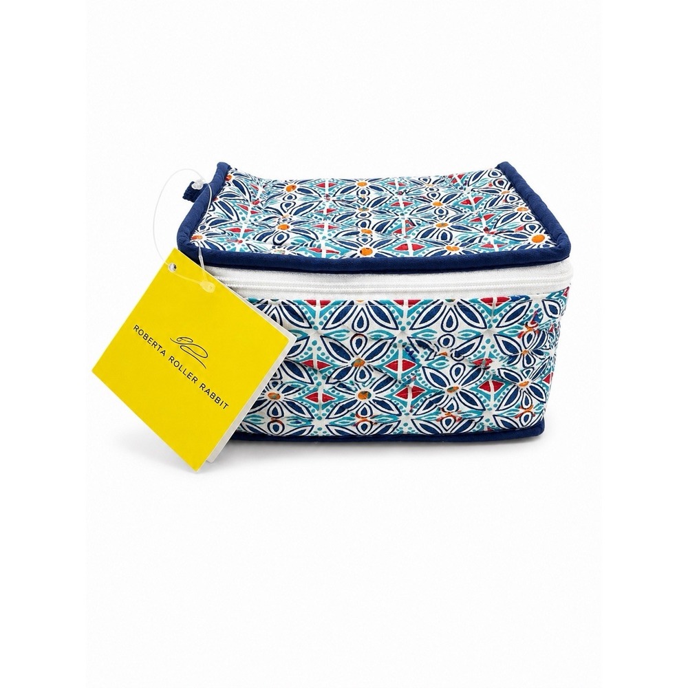 New Roberta Roller Rabbit Quilted Jewelry Pouch Blue Orange Geometric Zip Bag